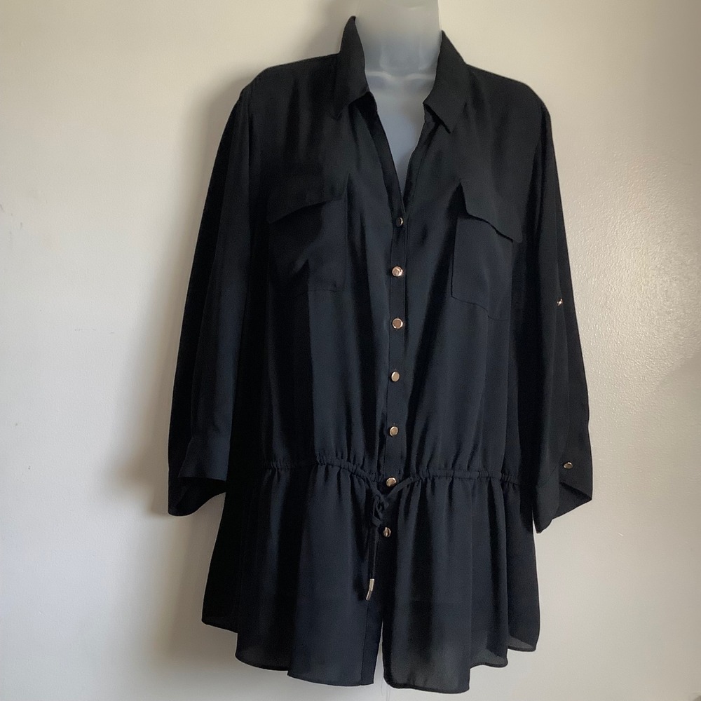Lane Bryant Womens Black Chiffon Drawstring Waist Tunic Top Gold Buttons 22/24 - Picture 4 of 9